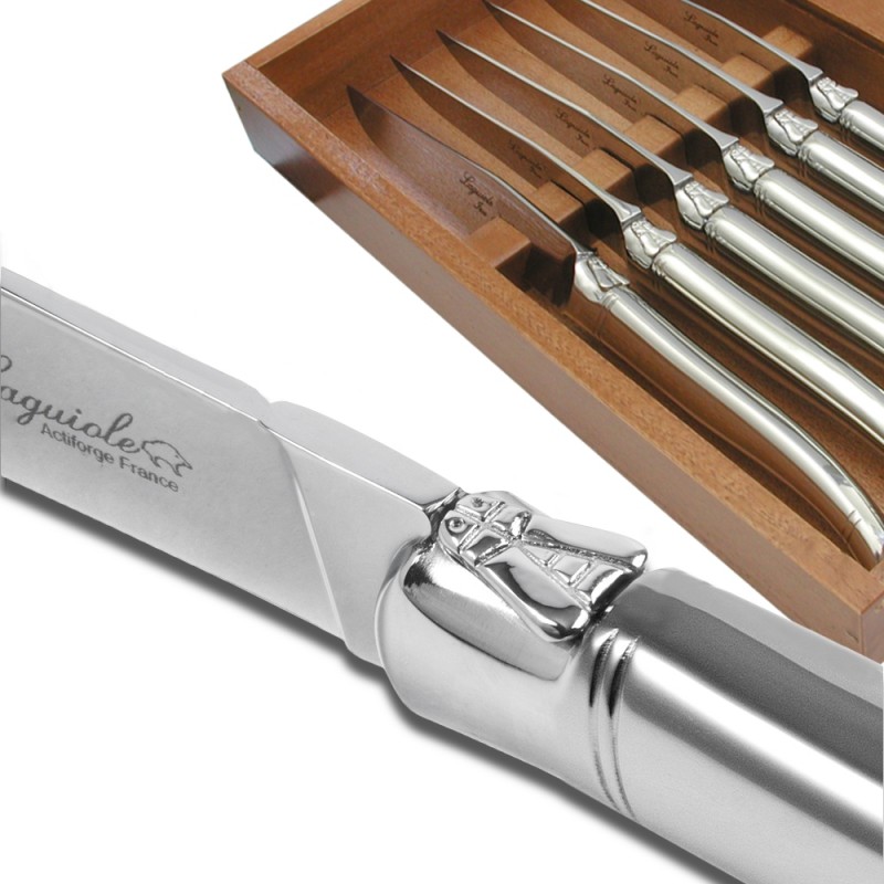 Set of six laguiole steak knives with stainless steel polished finish