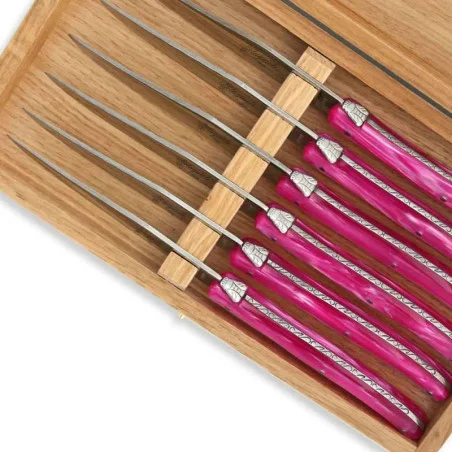 Coffret de 6 couteaux à steak laguiole manche en plexiglas nacré rose