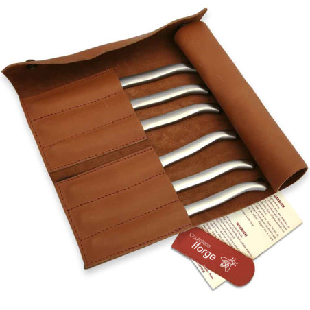 Leather clutch with 6 sandblasted flat stainless steel laguiole steak knives