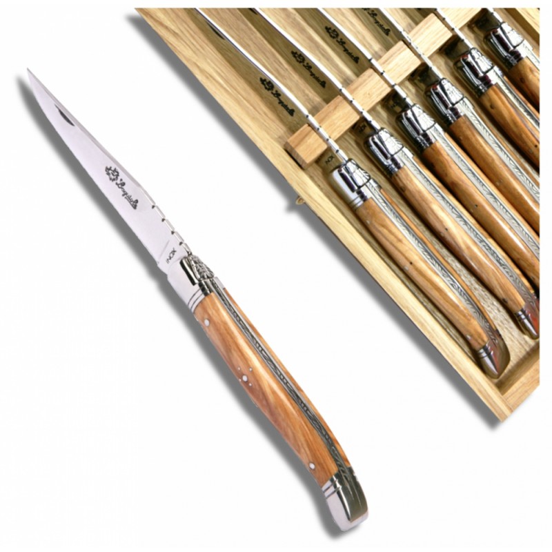 Laguiole 6 Couteaux Steak & 6 Fourchettes 2,5 mm Olive en Boite 