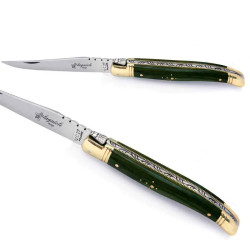 Couteau laguiole manche en bois de stamina vert et mitres en laiton