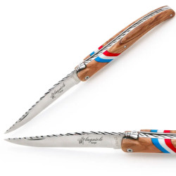 Laguiole manche en bois d'olivier avec drapeau français, 12 cm + étui cuir marron