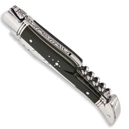 Couteau laguiole manche en bois d'ébène avec tire-bouchon et mitres en inox
