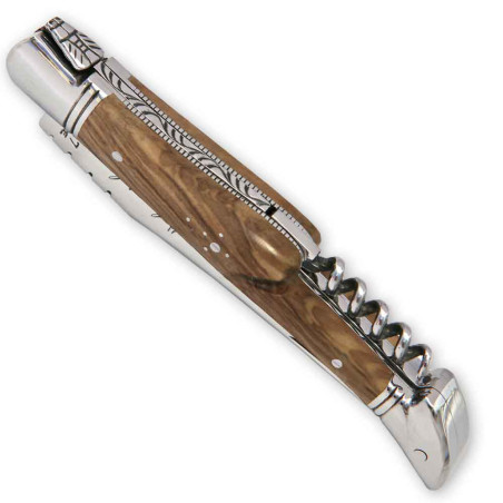 Couteau laguiole manche en bois d'olivier avec tire-bouchon et mitres en inox