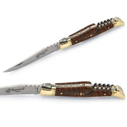 Couteau laguiole manche en bois d'amourette avec tire-bouchon et mitres en laiton