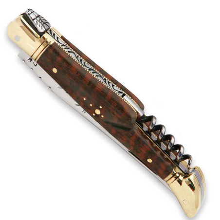 Couteau laguiole manche en bois d'amourette avec tire-bouchon et mitres en laiton