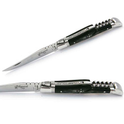 Couteau laguiole manche en corne noire avec tire-bouchon et mitres en inox