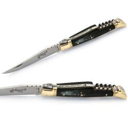 Couteau laguiole manche en corne noire avec tire-bouchon et mitres en laiton
