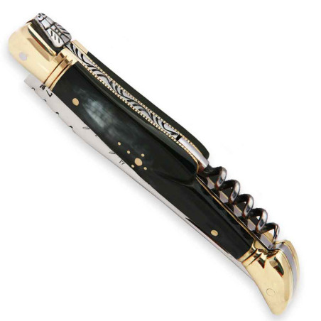 Couteau laguiole manche en corne noire avec tire-bouchon et mitres en laiton