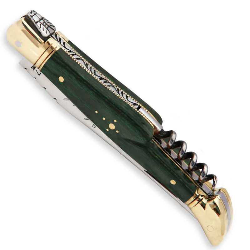 Couteau laguiole stamina vert avec tire-bouchon et mitres en laiton