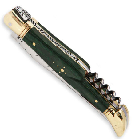 Couteau laguiole stamina vert avec tire-bouchon et mitres en laiton