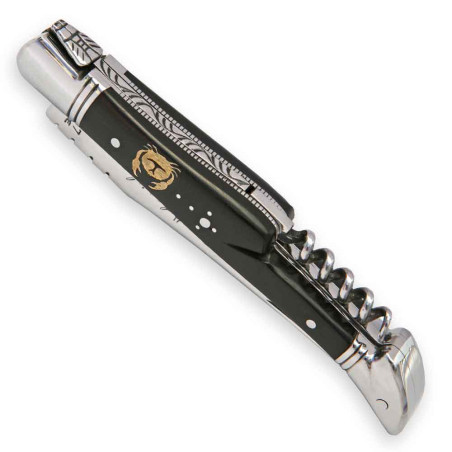 laguiole knife with astrological sign inlayed in the ebony handle, corkscrew