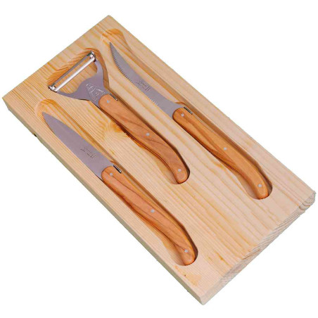 Planche avec éplucheur et couteaux laguiole en bois d’olivier