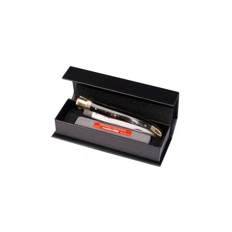 laguiole black horn brass bolster 12 cm + sharpening stone