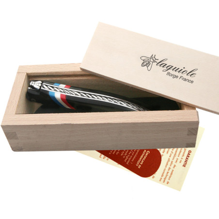 laguiole bois d’ébène avec drapeau, coffret bois et étui en suédine