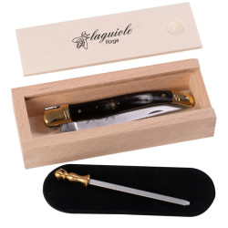 Laguiole corne noire 12cm + coffret, fusil et étui suédine
