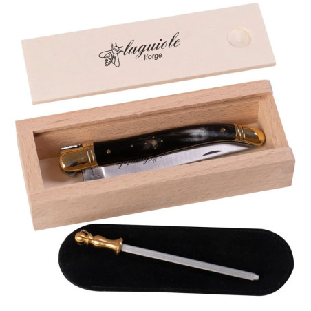 laguiole corne noire 12cm + coffret, fusil et étui suédine