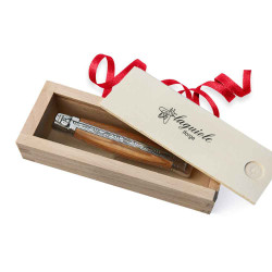 Olive laguiole knife in its wooden pencil box