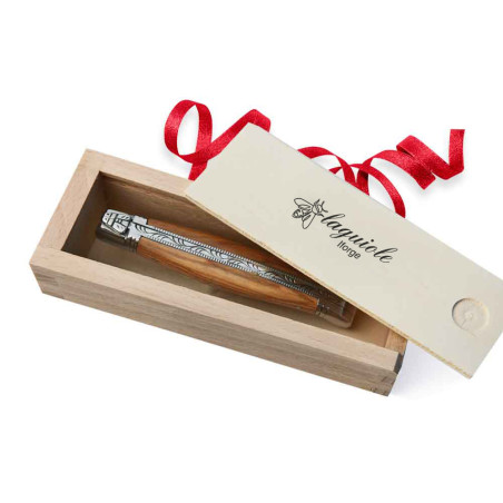 Olive laguiole knife in its wooden pencil box