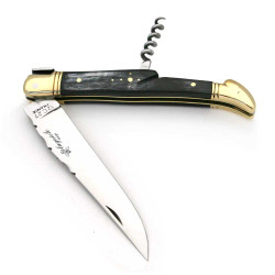 Couteau laguiole Franc-Maçon manche en corne noire avec tire-bouchon