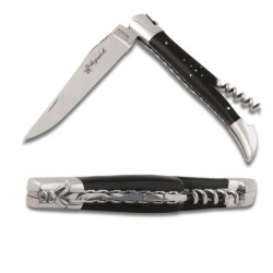 Ebony Wood laguiole knife, spring and plates fileworked, with corkscrew