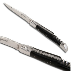Ebony Wood laguiole knife, spring and plates fileworked, with corkscrew