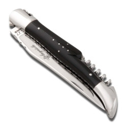 Ebony Wood laguiole knife, spring and plates fileworked, with corkscrew
