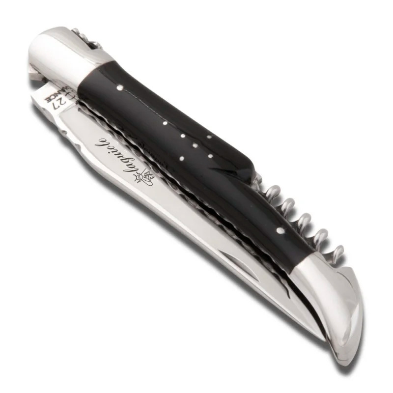 Couteau laguiole ébène avec décor guilloché et tire-bouchon inclus