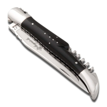 Couteau laguiole ébène avec décor guilloché et tire-bouchon inclus