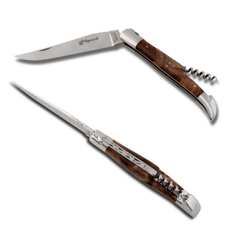 laguiole knife with stabilized walnut handle and corkscrew forged bee