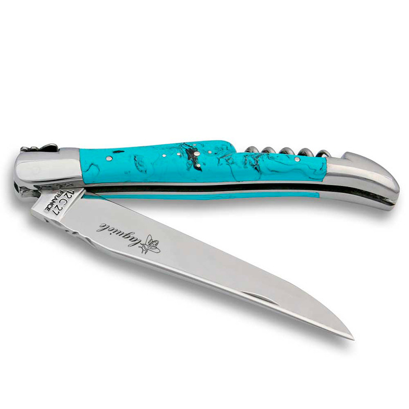 laguiole knife with turquoise handle and corkscrew made in France