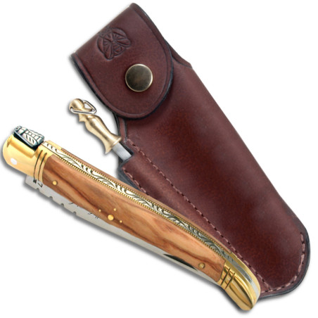 laguiole manche en bois d'olivier, 12 cm + étui cuir marron et fusil à affûter