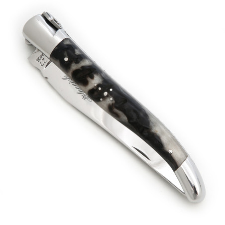 Heraldic lily laguiole knife with full ram horn handle