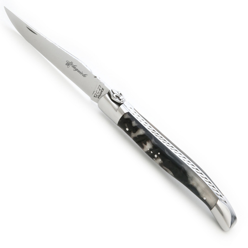 Heraldic lily laguiole knife with full ram horn handle made in France