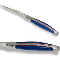 Laguiole abeille design en G10 bleu et filet rouge