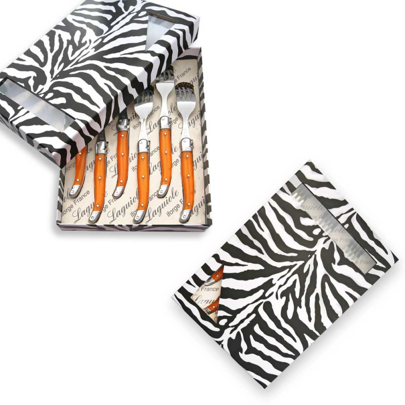 Box of orange laguiole forks made in France with warranty