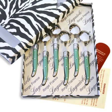 Box of 6 green laguiole coffee spoons
