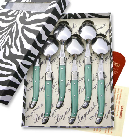 Box of 6 green ABS laguiole soup spoons