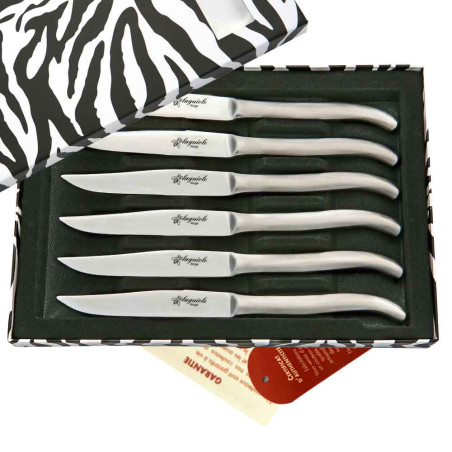 Box set of 6 flat stainless steel laguiole steak knives with sandblasted finish