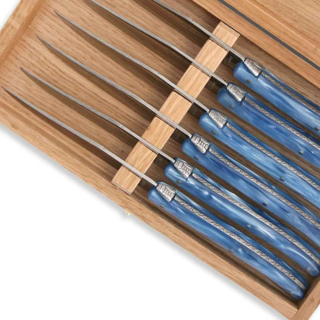 Set of 6 Laguiole steak knives blue color plexiglass handles - Image 2080