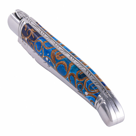 Laguiole knife with a blue-stained cinnamon handle