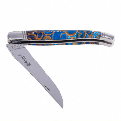 Laguiole knife with a blue-stained cinnamon handle