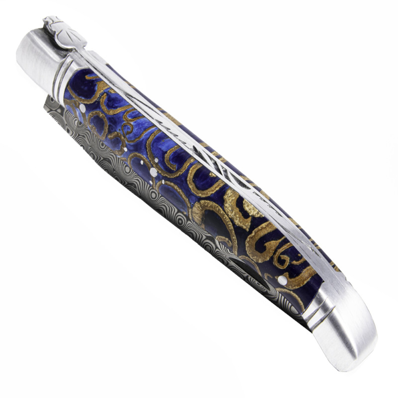 Couteau Laguiole damas avec manche teinté cannelle bleue
