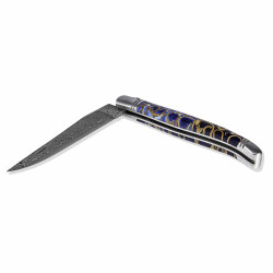 Couteau Laguiole damas avec manche teinté cannelle bleue