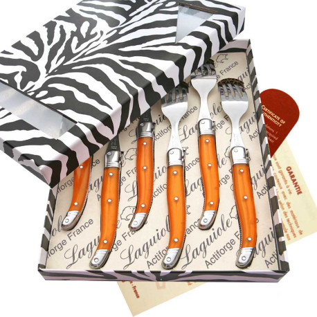 Box of 6 orange ABS Laguiole forks - Image 2564