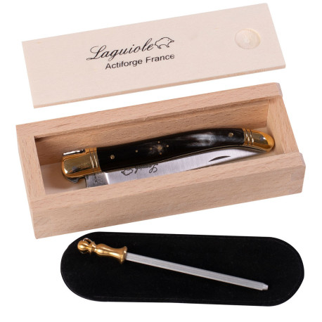 Laguiole black horn brass bolster 12cm + a wooden box + a rifle + a suede case - Image 2630