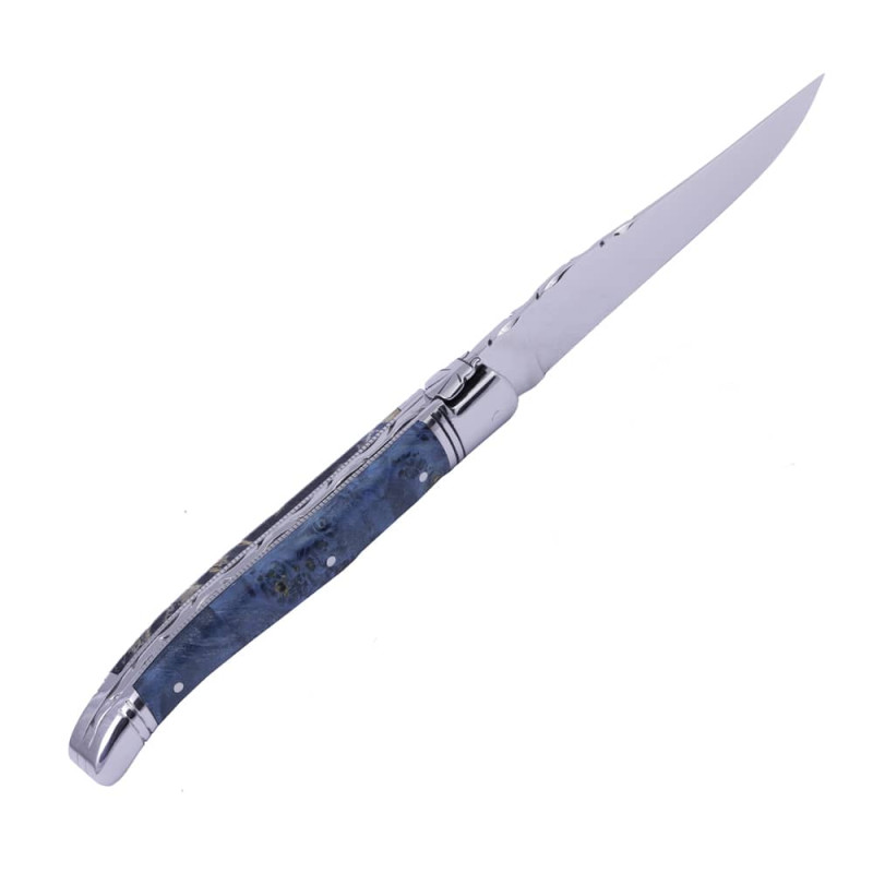 laguiole knife in blue beechwood with its black leather sheath