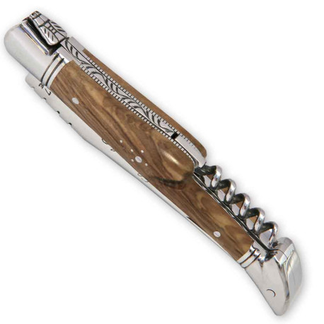 laguiole knife with corkscrew olive wood handle and stainless steel bolsters - Image 2780