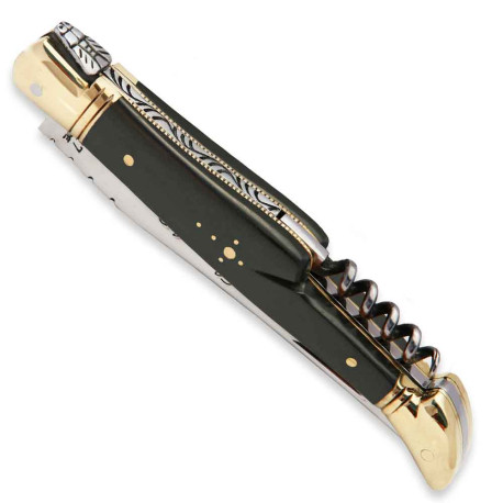 laguiole pocket knife with ebony wood handle and brass bolsters, corkscrew - Image 2786