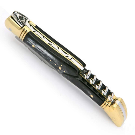 couteau laguiole franc maçon manche en corne noire avec tire bouchon - Image 2801